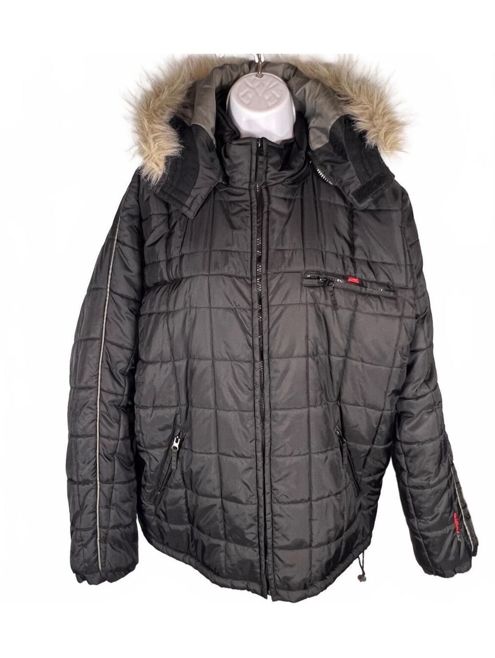 Vintage Hurley Snow Jacket Faux Fur Removable Hood Quilted Black Y2K Gorpcore L